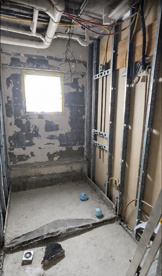 Banheiro em fase de infraestrutura, com instalações hidráulicas e elétricas e estrutura preparada antes do revestimento.