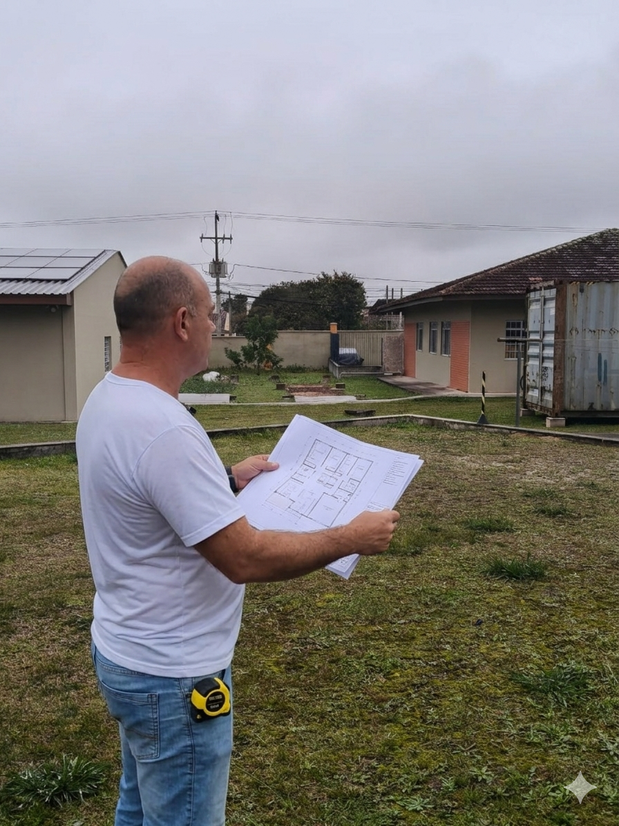 Profissional da NGL analisando a planta do projeto durante uma avaliação técnica no imóvel.